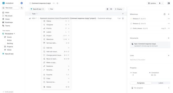 Comment response (copy) screen