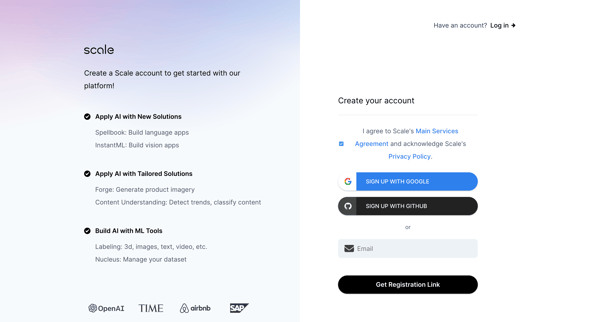 Scale - Sign Up and get started screen