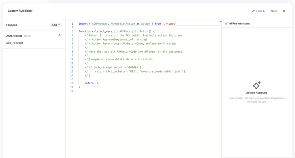 Lithic - Create ACH Debit Rule screen