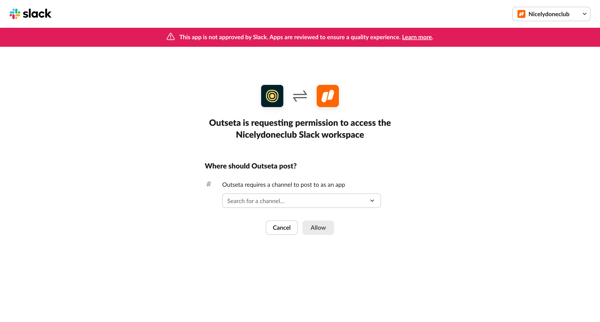 Outseta is requesting permission to access the Nicelydoneclub Slack workspace | Nicelydoneclub Slack screen