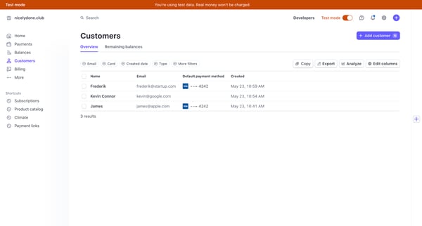 Customers – nicelydone.club – Stripe [Test] screen