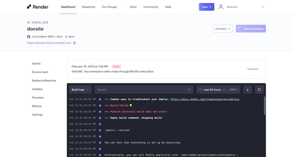 docsite ・ Static Site ・ Render Dashboard screen