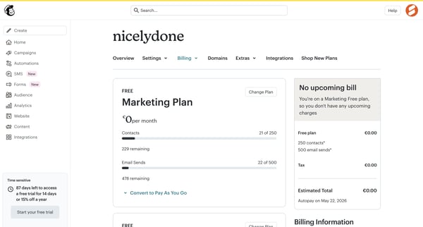 Billing Plans | Mailchimp screen