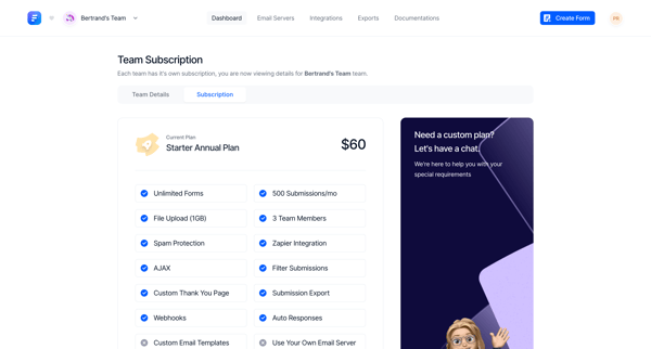 Subscription - Formcarry screen