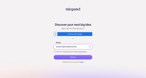 Sign up - Mixpanel: Product Analytics for Mobile, Web, & More screen