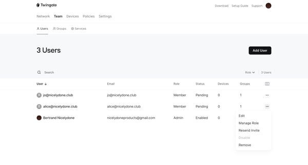 Users | Twingate Admin screen