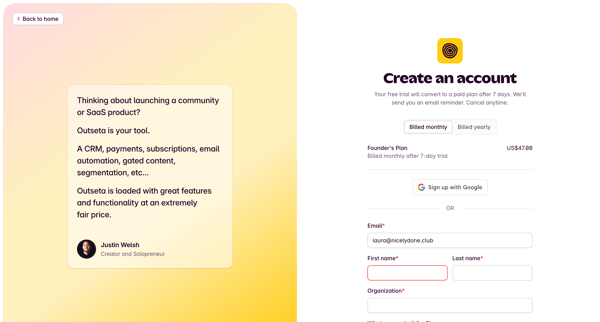 Sign Up | Outseta screen