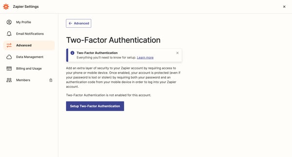 Two Factor Authentication | Zapier screen