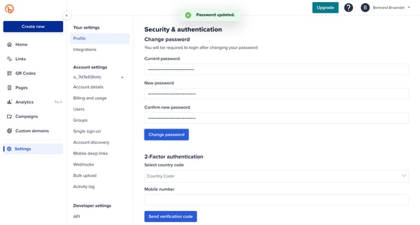 Bitly | Settings screen