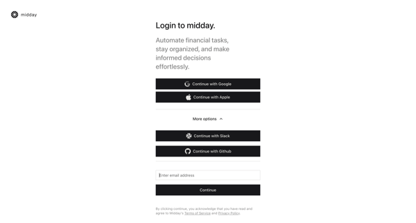 Login | Midday screen