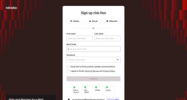 Sign Up | Try Kinsta for Free screen