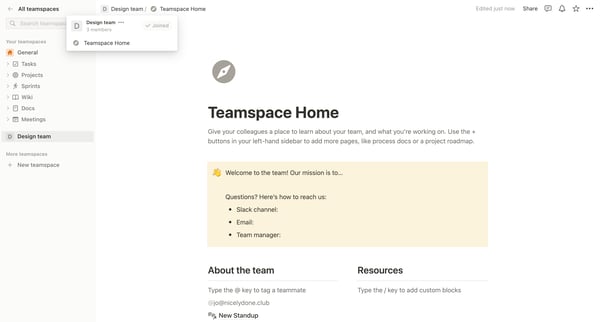 Teamspace Home screen