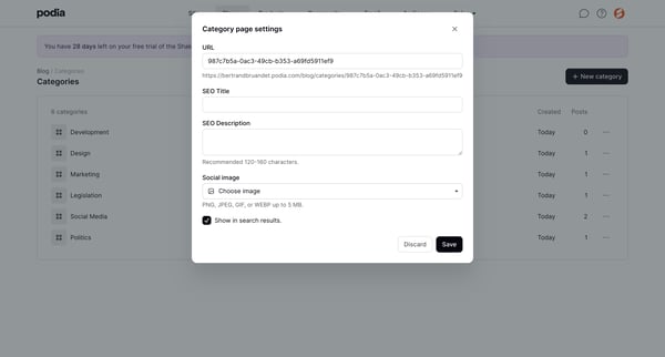Podia Categories screen