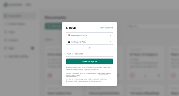 Sign Up – Create a Free Account | Grammarly screen