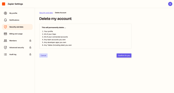 Delete Account | Zapier screen