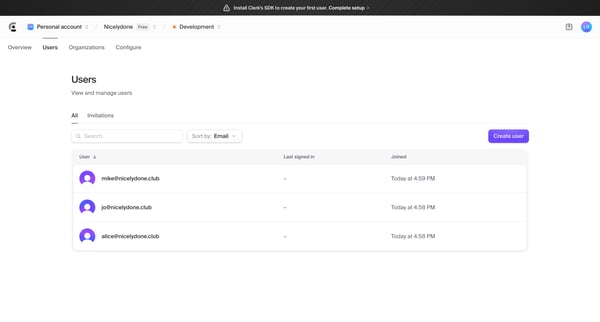 Dashboard | Clerk.com screen