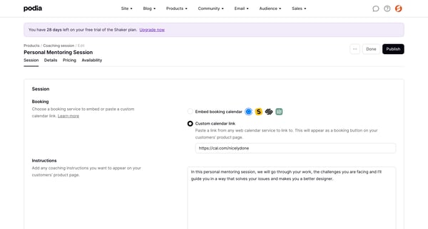 Podia Personal Mentoring Session screen