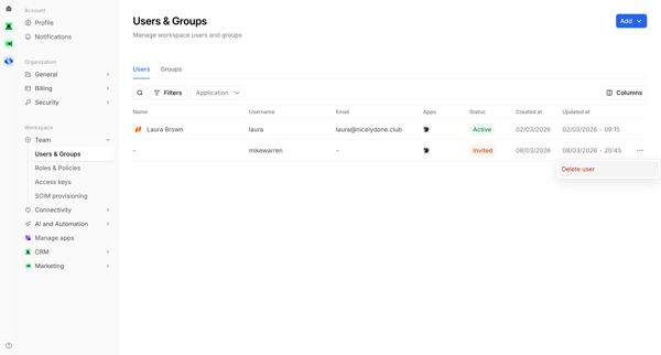 Users & Groups | Bird screen