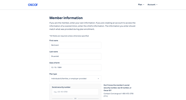 Oscar | Registration member info screen