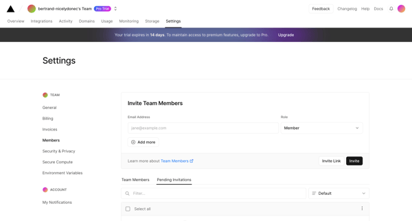 Members - Team Settings – Dashboard – Vercel screen