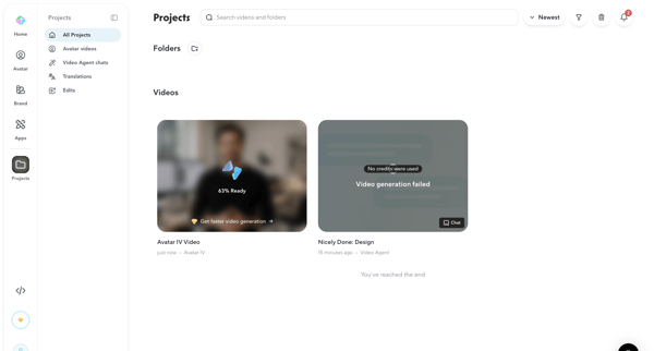 HeyGen - Projects screen