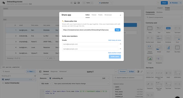 Onboarding process | Editor  Retool screen