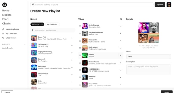 Create New Playlist | Sound.xyz screen
