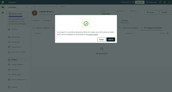 Journeys | charlie.brown@alphamail.org People Customer.io from Customer.io