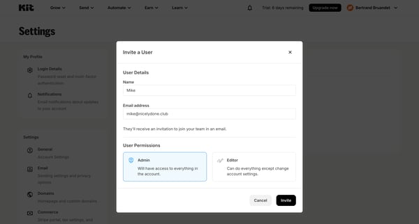 Account Settings - Kit screen