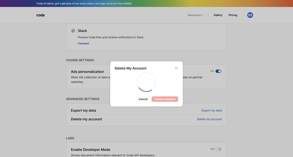 Coda | Account settings screen
