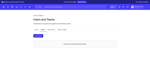 Teams | Nicelydone club CRM screen