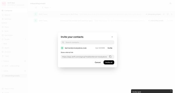 onboarding emails - nicelydone@skiff.com screen
