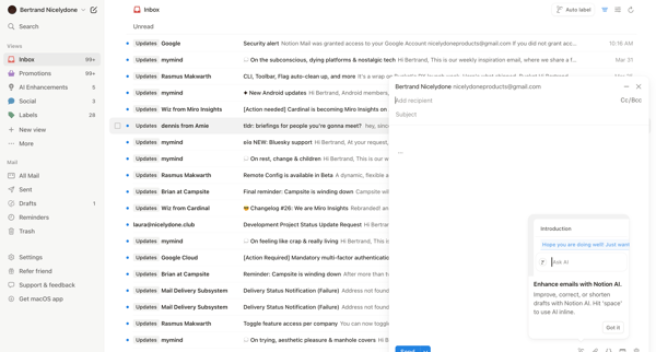 99+ • Inbox • nicelydoneproducts@gmail.com • Notion Mail screen