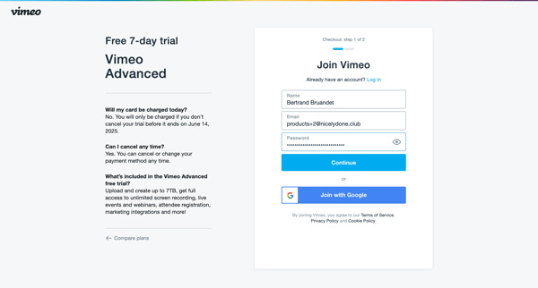 Checkout on Vimeo screen