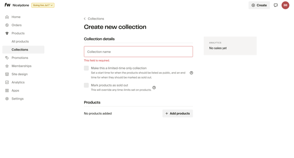 Create new collection – Dashboard screen