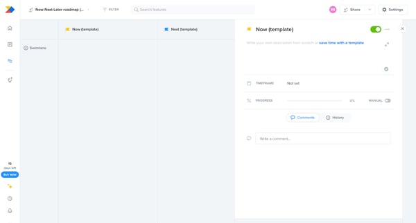 Now-Next-Later roadmap template - Roadmap | Productboard screen