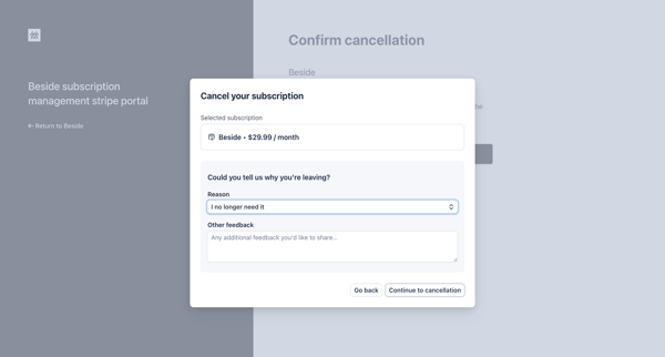 Cancel subscription | Beside Billing screen