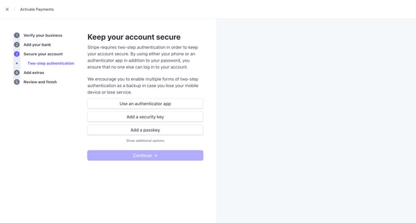 Activate your account – New Business – Stripe screen