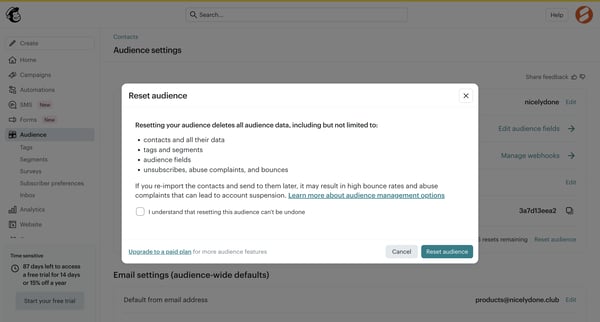 Audience settings | Mailchimp screen