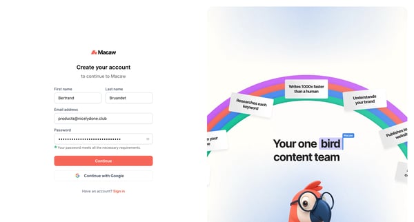 Sign Up | Macaw screen