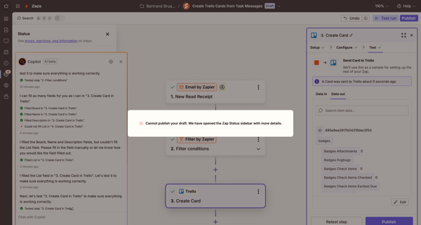 Create Trello Cards from Task Messages | Zapier screen