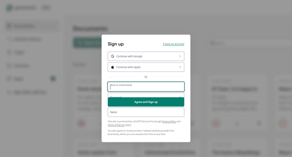 Sign Up – Create a Free Account | Grammarly screen