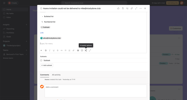 Home - Asana invitation could not be delivered to mike@nicelydone screen