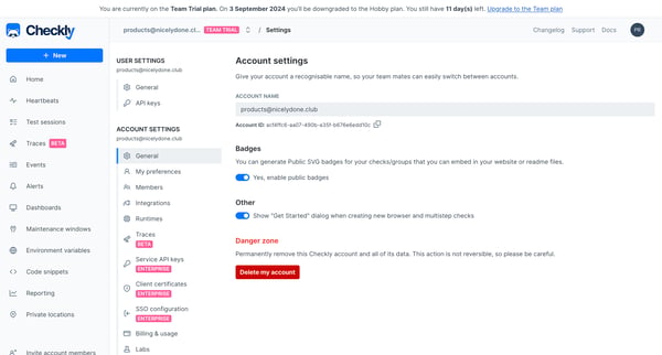 Account settings screen