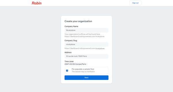 Create an organization - Robin screen