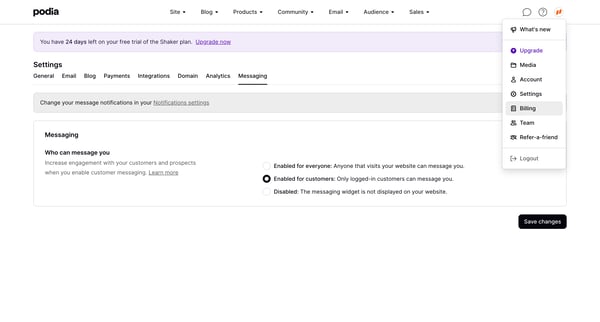 Podia Messaging settings from Podia