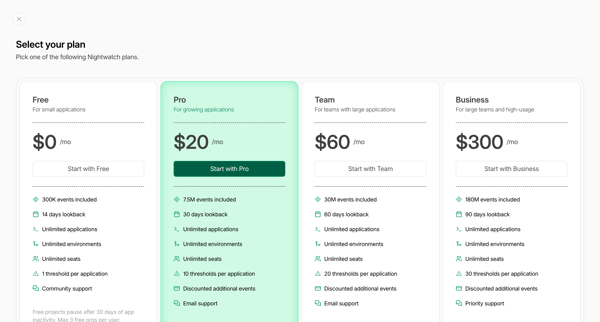 Select your plan screen
