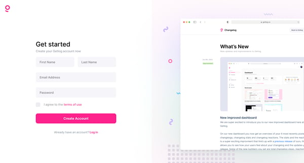 Getlog - Create your Getlog account screen