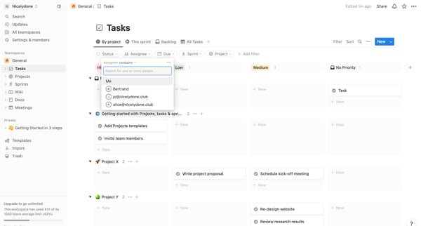 Tasks | By project screen