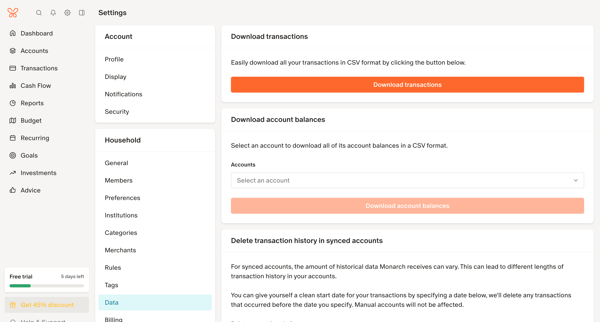 Delete transaction history in synced accounts screen